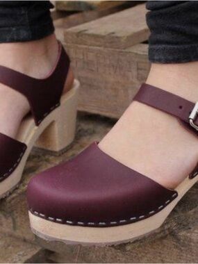 Lotta From Stockholm Burgundy Leather Clog Sandals with Ankle Strap